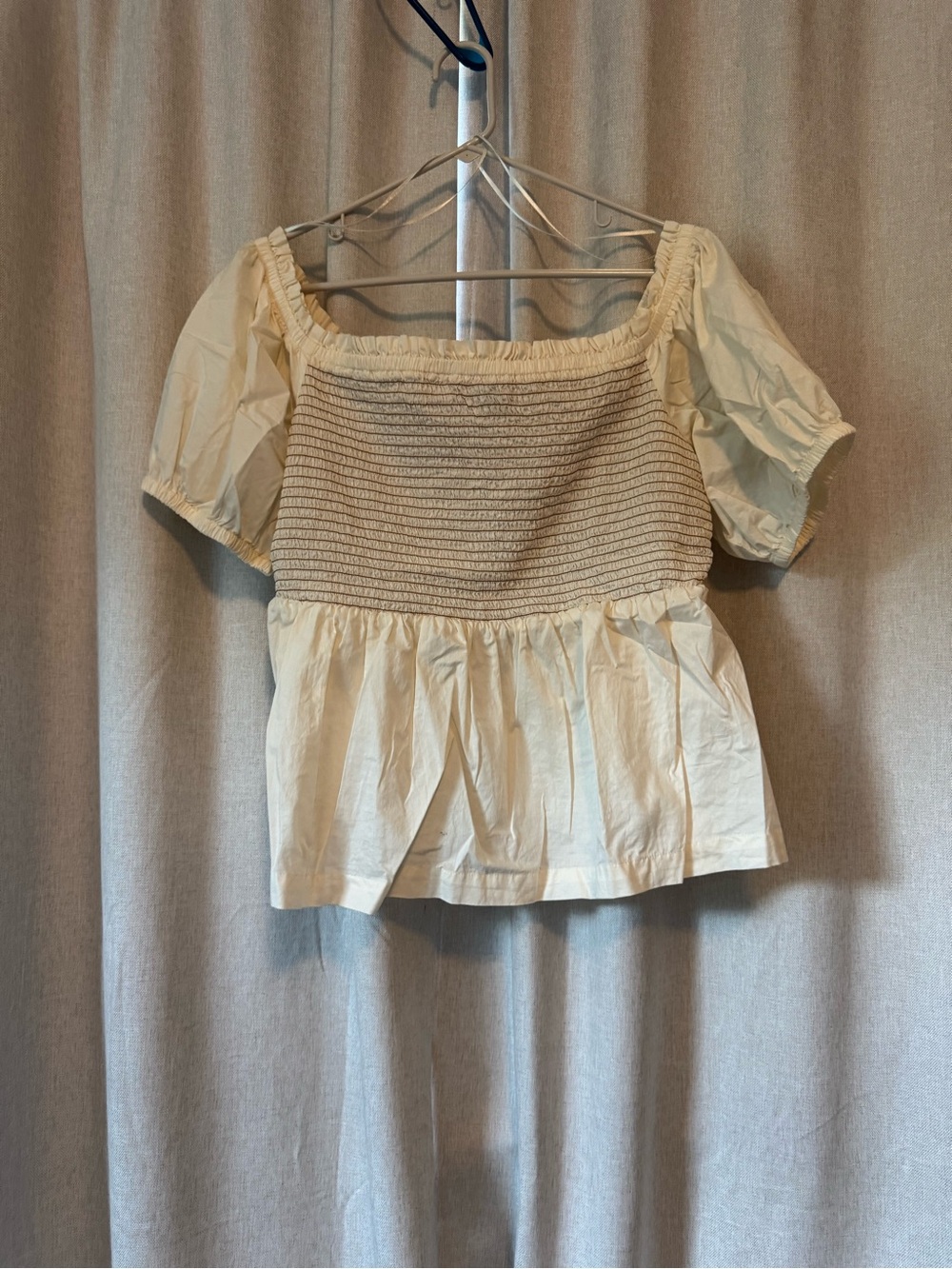 Cream Smocked Puff Sleeve Peplum Top